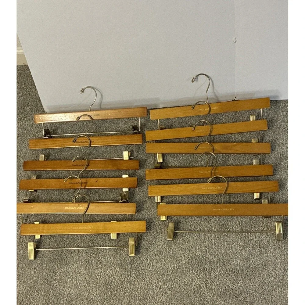 Lot 12 VTG Wooden Polo Ralph Lauren Clip Hangers For Pants Shorts Skirts 14”